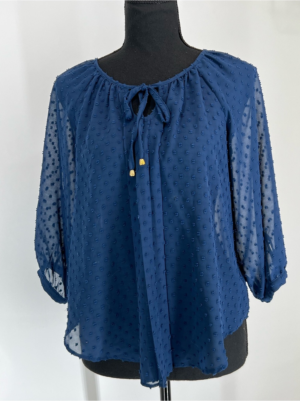 BCX Navy Blue Textured Tie-Neck Blouse